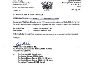2024/25 SHS first-year students report on September 27 – GES announces