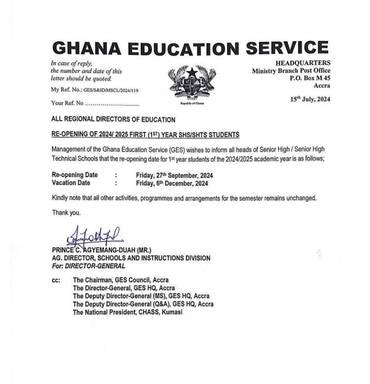 2024/25 SHS first-year students report on September 27 – GES announces